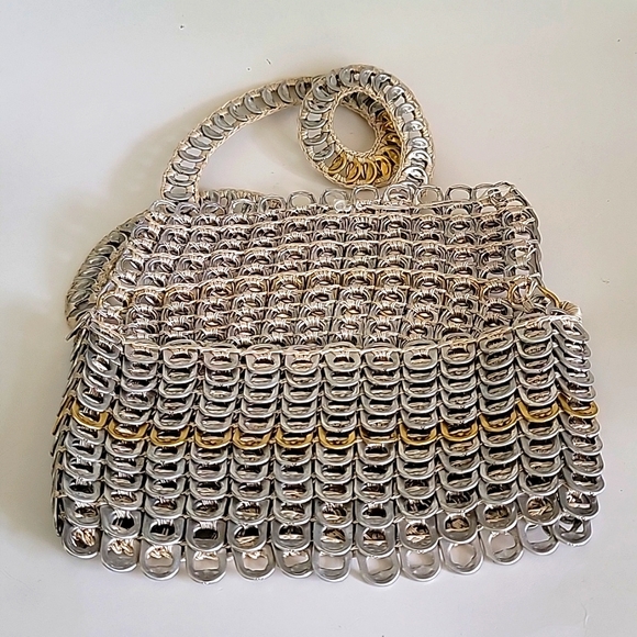 HAND CROCHETED RECYCLED SODA POP-TOP WRISTLET BAG ALUMINUM BRONZE ECO CHIC - Picture 2 of 8